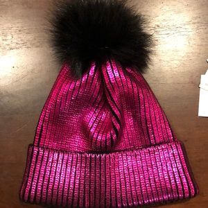 NWT Adrienne Landau pink hat with fox fur top
